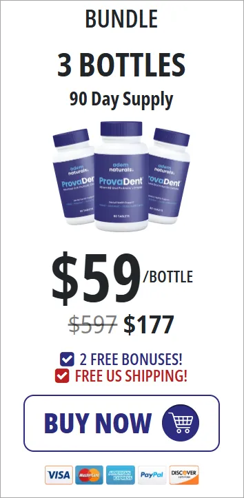 ProvaDent 3 bottles, 90-day supply, $59 per bottle, $177 total, 2 free bonuses, free USA shipping